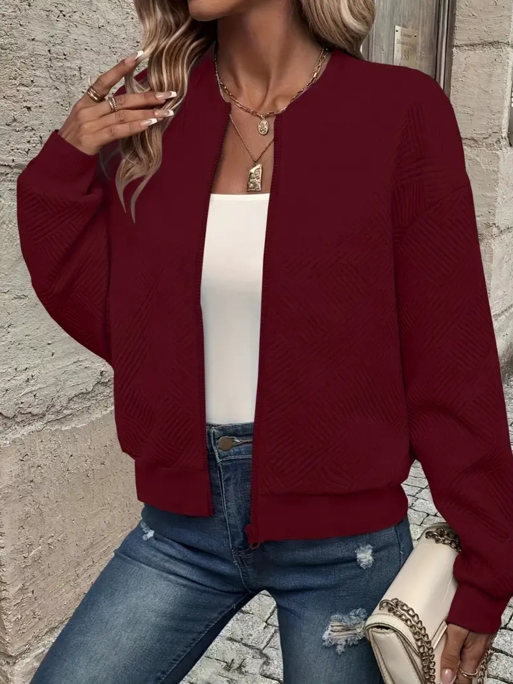 Women's Burgundy Stylish Open-Front Zipper Jacket Size M
